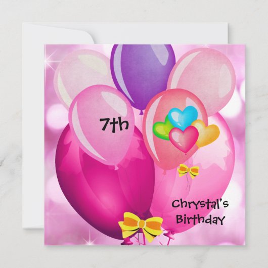 7e verjaardag van het roze gele blauw ballonmeisje kaart (Voorkant)