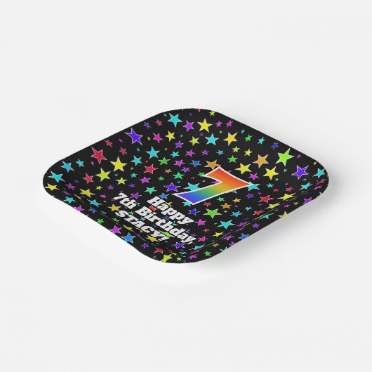 7e verjaardag: vun stars patroon en regenboog "7" papieren bordje (Gebogen)