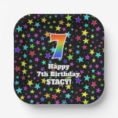 7e verjaardag: vun stars patroon en regenboog "7" papieren bordje (Voorkant)