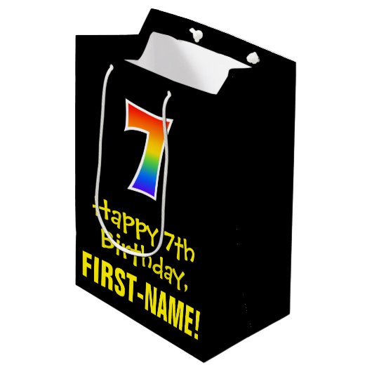 7e verjaardag: Vun, Vet, kleurrijk, Regenboog "7" Medium Cadeauzakje (Voorkant Gekanteld)