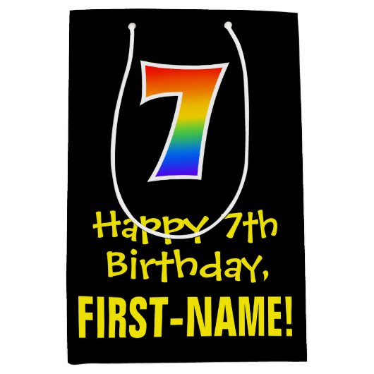 7e verjaardag: Vun, Vet, kleurrijk, Regenboog "7" Medium Cadeauzakje (Voorkant)