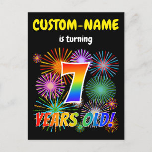 7e verjaardag - vuurwerk, regenboogblik "7" briefkaart