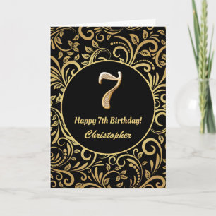 7e verjaardag zwart en gouden flora patroon kaart