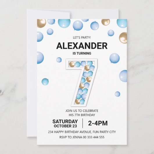 7e verjaardagsfeestje, blauwe en gouden ballon jon kaart (Voorkant)