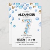 7e verjaardagsfeestje, blauwe en gouden ballon jon kaart (Voorkant / Achterkant)