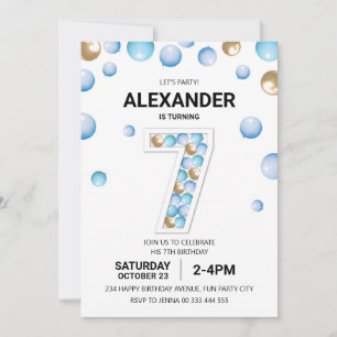 7e verjaardagsfeestje, blauwe en gouden ballon jon kaart