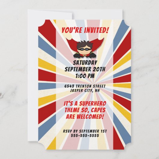 7e Verjaardagsfeestje Jongens Superheld Rood Strip Kaart (Achterkant)