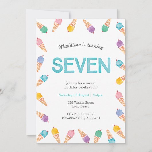 7e verjaardagsfeestje | Rainbow Ice cream uitnodig Kaart (Voorkant)