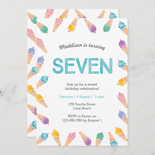 7e verjaardagsfeestje | Rainbow Ice cream uitnodig Kaart (Voorkant / Achterkant)
