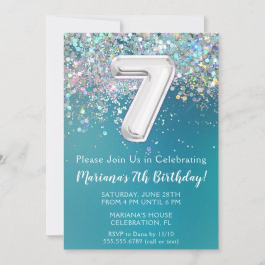 7e verjaardagsuitnodiging Blauwgroen zilveren glit Kaart (Voorkant)
