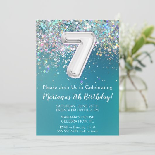 7e verjaardagsuitnodiging Blauwgroen zilveren glit Kaart (Staand voorkant)