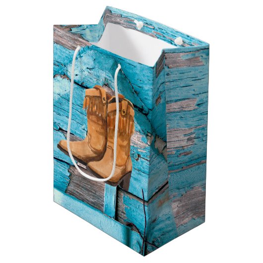 7lx4.5wx10h Medium Gift Bag Blauw Hout Schuur Deur Medium Cadeauzakje (Voorkant Gekanteld)