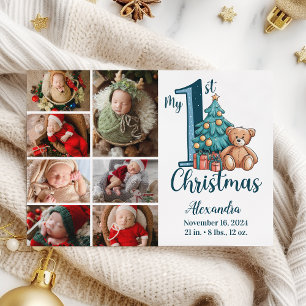7Photo Blauwe Teddy Baby 1e Kerstmis Feestdagenkaart