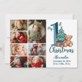 7Photo Blue Teddy Baby 1st Christmas Feestdagenkaart (Voorkant)