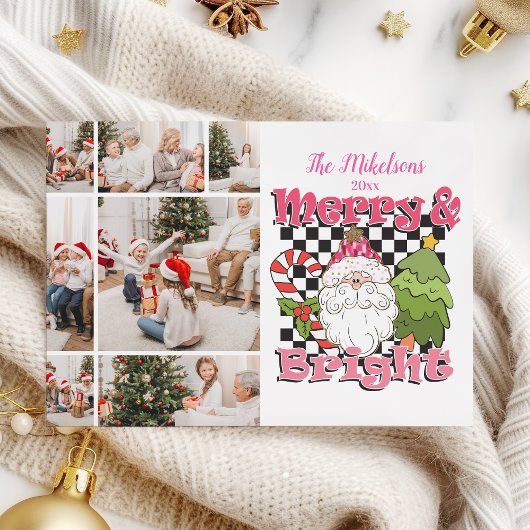 7Photo Checkered Merry & Bright Christmas Feestdagenkaart