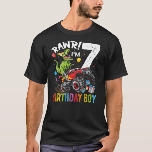 7th Birthday Boy Dinosaur Monster Truck T-shirt (Voorkant)
