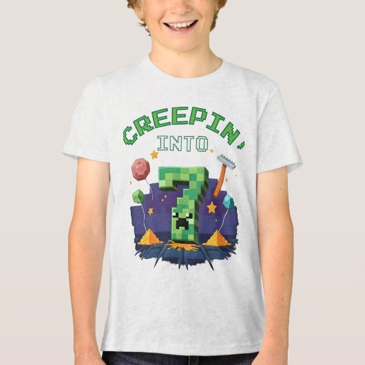 7th Birthday Gamer Pixel Creepin' Into 7 Videogame Tri-Blend Shirt (Voorkant)