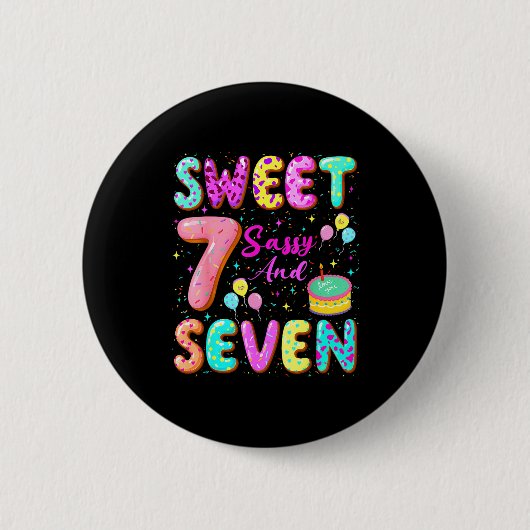 7th Birthday Girl Donut Sweet Sy And Seven Birthda Ronde Button 5,7 Cm (Voorkant)