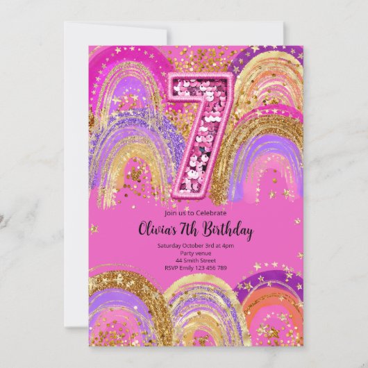 7th Birthday Girls Invitation Kaart (Voorkant)