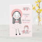7th Birthday Little Girl and Cat in Pink White Kaart (Gele Bloem)