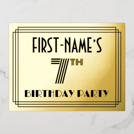 7th Birthday Party ~ Art Deco Style “7” + Name Folie Uitnodiging Briefkaart (Voorkant)