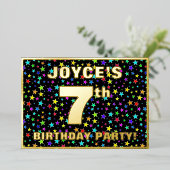 7th Birthday Party — Fun, Colorful Stars Pattern Folie Uitnodiging (Staand Voorkant)