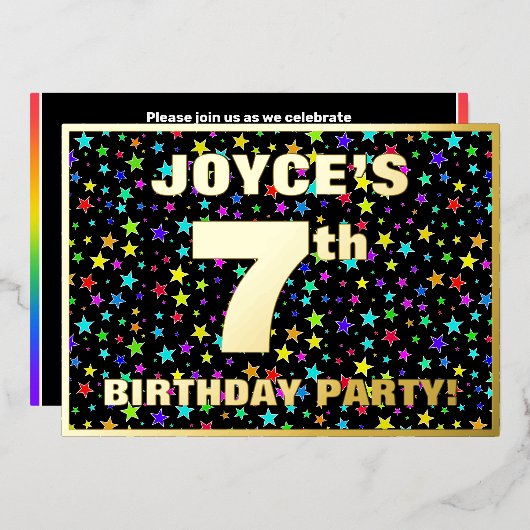 7th Birthday Party — Fun, Colorful Stars Pattern Folie Uitnodiging (Voorkant / Achterkant)