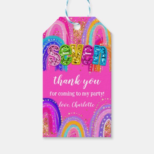 7th Birthday Rainbow Hot Pink Party Cadeaulabel (Voorkant)