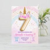 7th birthday unicorn invitation, Editable seventh Kaart (Staand voorkant)