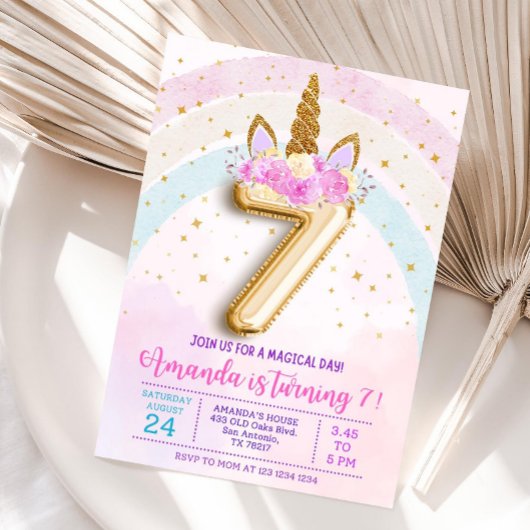 7th birthday unicorn invitation, Editable seventh Kaart