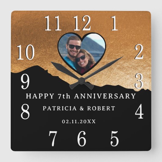 7th Copper Wedding Jubileum Foto Zwart Vierkante Klok (Voorkant)
