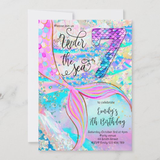 7th Mermaid Birthday Under the Sea Invitation Kaart (Voorkant)