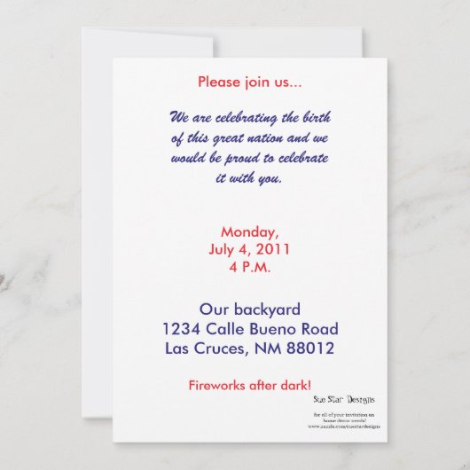 7x5 4th van juli Feestuitnodiging Kaart (Achterkant)