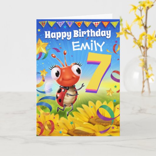 7yrs Custom verjaardagskaart Little Ladybug bereik Kaart (Gele Bloem)