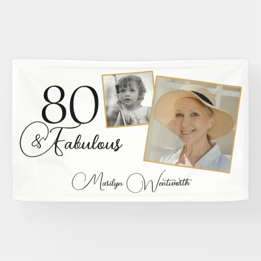 80 and Fabulous 80th Birthday Black Script Photo Spandoek (Horizontaal)