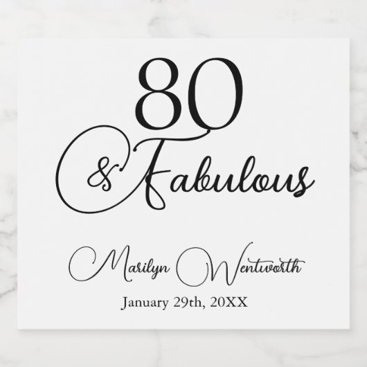 80 and Fabulous 80th Birthday Black Script Sparkling Wijnetiket (Enkel label)