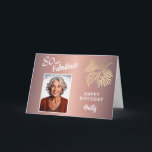80 and Fabulous Foliage 80th Birthday Foto Kaart<br><div class="desc">80 and Fabulous Foliage 80th Birthday Photo Card. Tekst "80 and fabulous",  "Happy Birthday",  naam en foto. De kaart heeft een prachtig gebladerte in de hoek op een gouden rozen metalen achtergrond.</div>