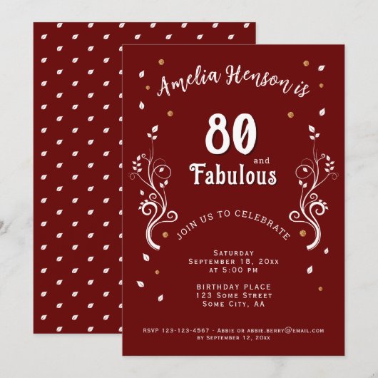 80 and Fabulous Foliage Red 80th Birthday Kaart (Voorkant / Achterkant)