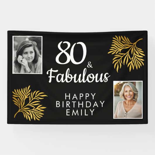 80 and Fabulous Gold Foliage 2 Foto 80e verjaardag Spandoek (Horizontaal)