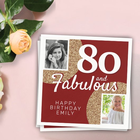 80 and Fabulous Gold Glitter 2 Photo 80th Birthday Servet