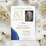 80 and Fabulous Gold Ornament 80th Birthday Foto Kaart<br><div class="desc">80 and Fabulous Gold Ornament 80th Birthday Photo Invitation. 80 en fantastische tekst in trendy gouden script met foto en naam. De uitnodiging heeft een gouden ornament en prachtig blauw marmer. Personaliseer het met uw foto en details en maak een elegante uitnodiging voor een verjaardagsfeestje voor een vrouw.</div>