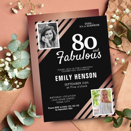 80 and Fabulous Gold Roos 2 Fotoverjaardag Kaart