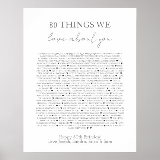 80 dingen die we van je houden poster (Voorkant)
