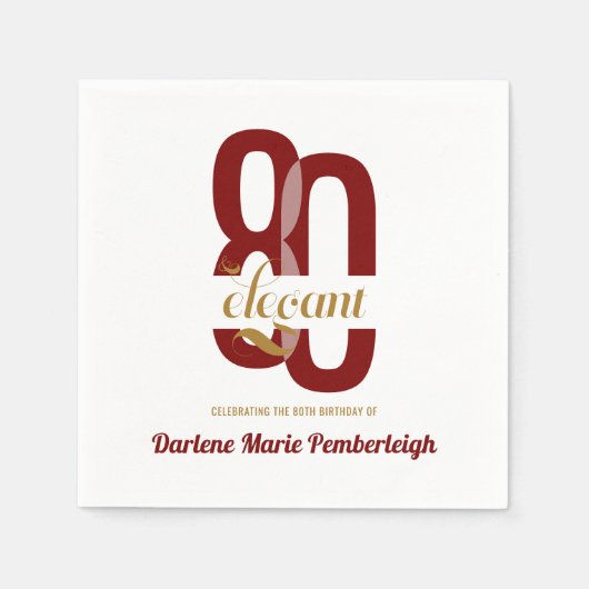 80 & Elegant Ruby Rood Goud 80ste Verjaardag Servet (Voorkant)