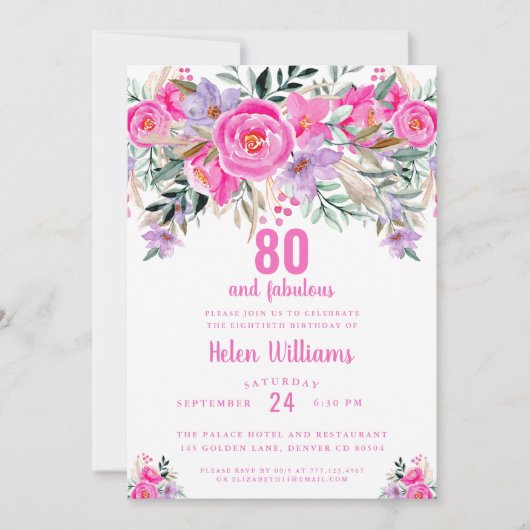 80 en een geweldige roze 80e verjaardag uitnodigin kaart (Voorkant)