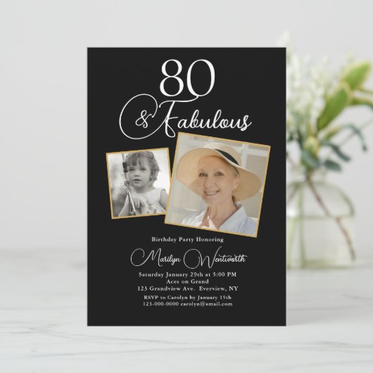 80 en Fabulous 80ste verjaardag Witte Script 2 Fot Kaart (Staand voorkant)