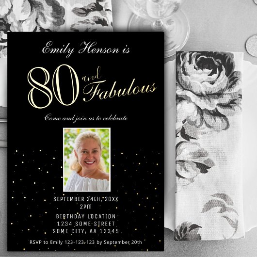 80 en Fabulous Black 80th Birthday Gold Folie Uitnodiging