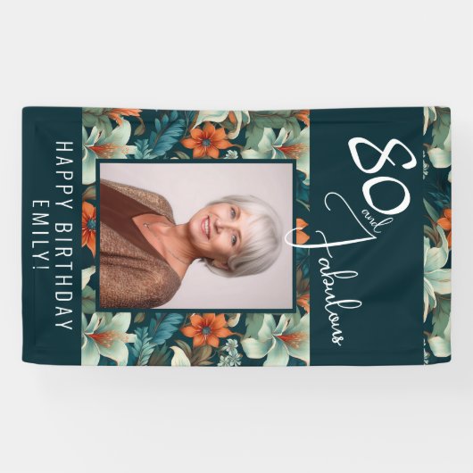 80 en Fabulous Bloem Patroon Verjaardagsfoto Spandoek (Horizontaal)