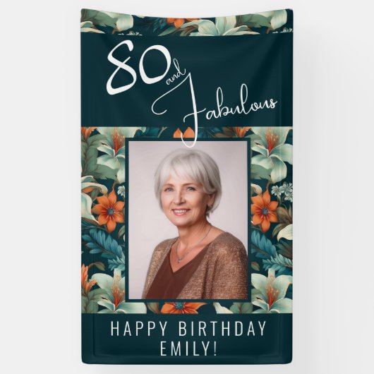80 en Fabulous Bloem Patroon Verjaardagsfoto Spandoek (Verticaal)