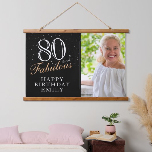 80 en Fabulous Elegant Black 80th Birthday Foto Hangend Wandkleed (Slaapkamer)
